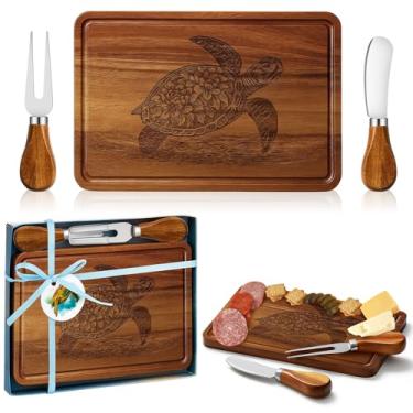 Imagem de Ziliny Conjunto de tábua de queijo em forma de tartaruga marinha, pequena tábua de corte de charcutaria, travessa de madeira com garfos e facas, bandejas engraçadas, presente de tartaruga para