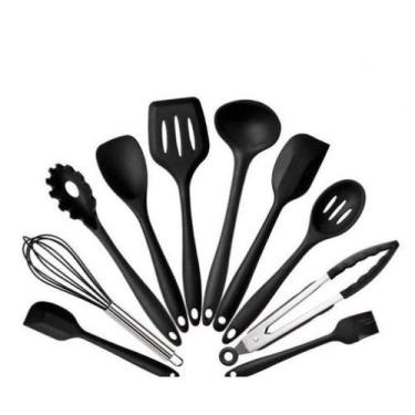 Imagem de Kit 10 Utensílios de Cozinha Silicone e Inox – Colheres Espátulas e Pegadores (preto)