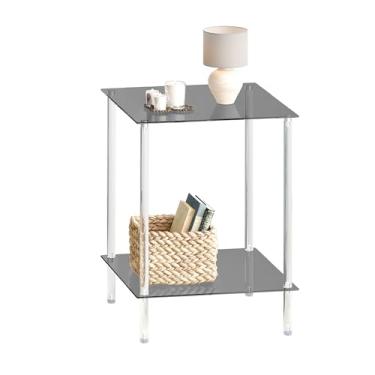 Imagem de IRCPEN Mesa lateral de vidro temperado, mesa de canto de acrílico, mesa de cabeceira transparente de 2 camadas, mesa de centro transparente, para pequenos espaços, sala de estar, quarto, varanda