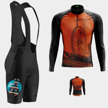 Imagem de Conjunto de Ciclismo Masculino Camisa Bike Laranja PRO Manga Longa Bolso Traseiro e Bretelle Gel-Masculino