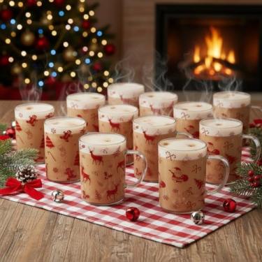 Imagem de Honeydak 12 peças de canecas de café que mudam de cor de Natal 473 ml canecas de vidro com alça de alce pão de gengibre homem árvore meias padrão xícaras de café decoração de festa de Natal presentes