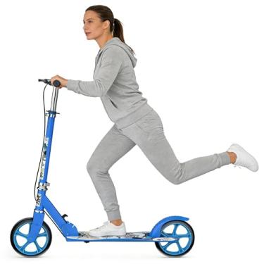 Imagem de Patinete esportivo leve dobrável para adultos e adolescentes com freio de mão ajustável em altura dobrável, rodas grandes, carga durável, 136 kg, azul