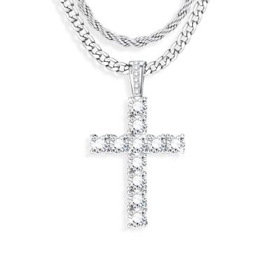 Imagem de Colar de cruz de prata esterlina 925 para homens e mulheres - Colar com pingente de cruz de zircônia cúbica de aço inoxidável corte de diamante cubano corrente de corda em camadas de 40 a 76 cm, 18&