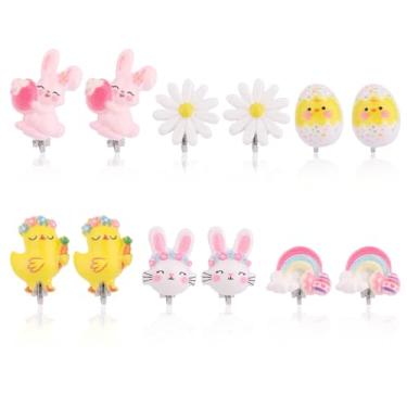 Imagem de 6 Pares Brincos Pressão para Meninas, Brincos Pressão Infantis com Design Fofo Coelho Arco-íris Margarida Pintinho Joias Fantasia para Meninas Pequenas Presente Festa Fazer Conta Bebês