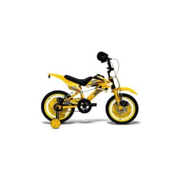 Imagem de Bicicleta Infantil Estilo Moto Cross Aro 16 com Rodas Laterais, Amarela, Freio a Disco, Aço, para Crianças 5 a 8 Anos, 85x17x117cm