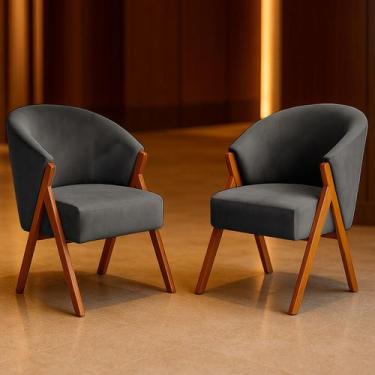 Imagem de Kit 2 Poltrona Sala Yumi Veludo Cinza Pés Madeira Maciça Castanho - AR