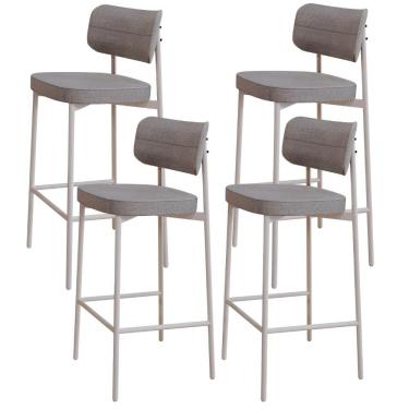 Imagem de Kit 04 Banquetas Alta Bar Cozinha Sala De Jantar Aço Branco Kaira C01 Linho Cinza - Lyam Decor