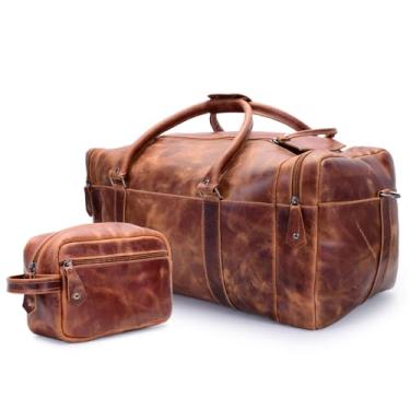 Imagem de Bolsa de Viagem em Couro Marrom Vintage, Mala Grande com Forro Xadrez, 53x30x24cm, Alça Ajustável, Estilo Clássico