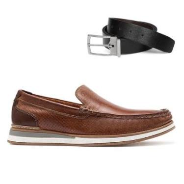 Imagem de Mocassim De Couro Democrata Denim Flow 252101 + Cinto Dupla Face-Masculino