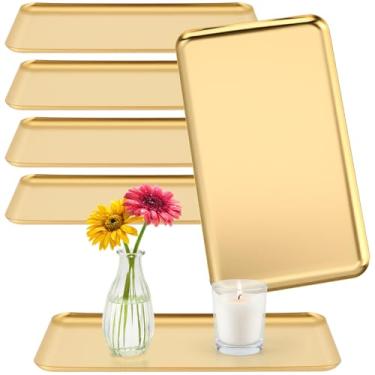Imagem de Vesici 6 peças, bandeja decorativa retangular de metal, dourada, organizador de perfume, vela, toalha, maquiagem, joias, organização, cômoda, balcão de penteadeira, mesa de café, 26 x 15 cm