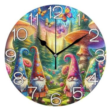 Imagem de Relógio de parede analógico decorativo para quarto e cozinha moderno alimentado por bateria, decoração de parede vintage sala de estar desenho animado gnomos flores da floresta, 25 cm, ponteiros