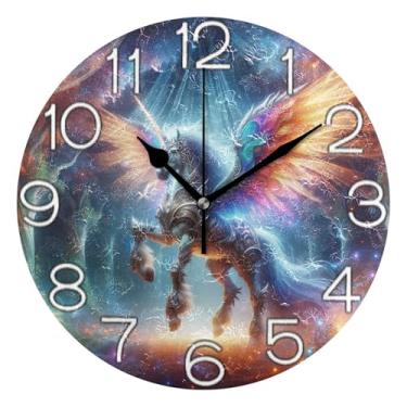 Imagem de GAIGEO Relógio de parede analógico decorativo redondo sem tique-taque silencioso relógio de cozinha rústico, decoração de parede de casa de fazenda moderna, desenho animado colorido fantasia unicórnio