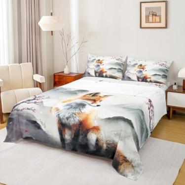 Imagem de Jogo de lençol casal de raposa, abstrato, vintage, flor, vista da montanha, 4 peças, tema de animais selvagens, decoração de quarto de crianças, meninas, adultos, arte em aquarela + lençol de cima, 2