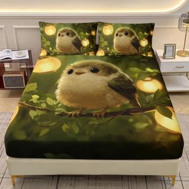 Imagem de AILONEN Jogo de lençol infantil solteiro com estampa de pássaro fofo - 3 peças kawaii pássaro verde - desenho animado animal da floresta lençol com bolso profundo com 2 fronhas para meninos e meninas