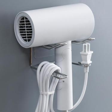 Imagem de Suporte para secador de cabelo, prateleira de aço inoxidável montada na parede, economia de espaço, fácil instalação, banheiro, cozinha, quarto