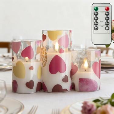 Imagem de LUSHARBOR Velas de pilar de vidro sem chamas de dia dos namorados com coração, chama cintilante 3D, velas de LED operadas por bateria com controle remoto, vela elétrica perfeita para decoração de