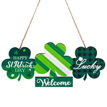 Imagem de Feliz Dia de São Patrício Sinal de boas-vindas para porta da frente, guirlanda de trevo de madeira, decoração de parede, janela, primavera, dia de São Patrício, decoração para pendurar em casa