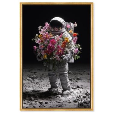 Imagem de Arte de parede de astronauta com impressão em tela Lunar Bloom por Art Remedy, moldura dourada, 50 x 76 cm