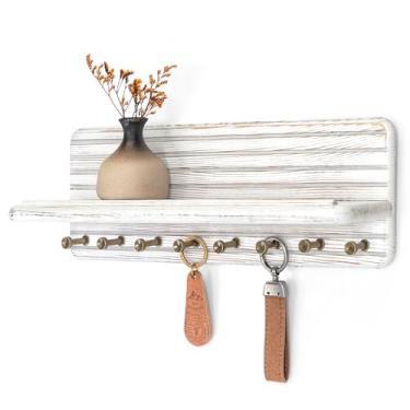 Imagem de Rebee Vision Porta-chaves de madeira de pinheiro com prateleira – Porta-chaves de fazenda para parede para casa e cozinha, cabideiro com 8 ganchos – Organizador de correio rústico para entrada