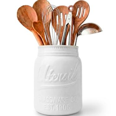 Imagem de Comfify Wide Mouth Mason Jar Utensil Holder Decorative Kitchenware Organiser Crock, Chip Resistant Ceramic - Perfect Cookware Gift - White, Large Size