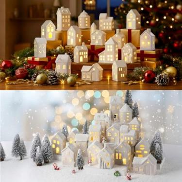 Imagem de Vinsot Conjunto de 34 peças de cerâmica de vila de Natal, 16 casas de vila de Natal de LED, 8 bonecos de neve, 10 árvores aparadas na neve com poste de lâmpada, estatueta de porcelana para decoração