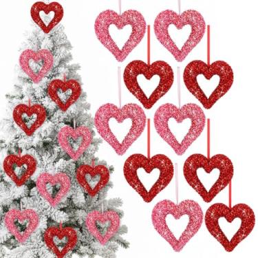Imagem de Soulchen 10 peças de enfeites de árvore de coração de dia dos namorados grande vermelho e rosa brilhante coração espuma decoração de parede 3D glitter amor romântico Natal dia dos namorados decorações