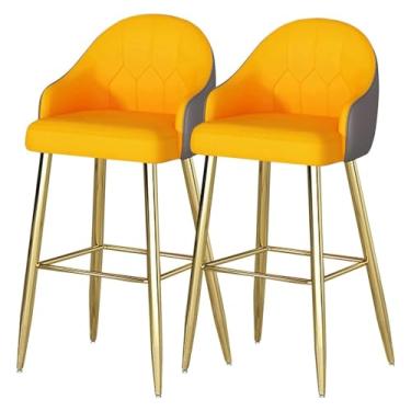 Imagem de WYNSJDBB Conjunto de 2 cadeiras de bar, assento com apoio para os pés e encosto, bancos de bar de couro com pernas de metal dourado, cadeiras de altura de balcão, apoio para os pés