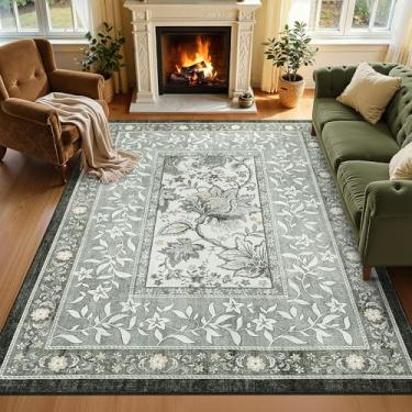 Imagem de GarveeHome Tapetes de área Provence 12 x 18 cm, bosque botânico, macio, antiderrapante, lavável, para quarto, sala de estar, berçário, cozinha, tapete retrô de pelo baixo, cinza, verde neblina