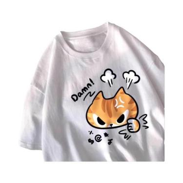 Imagem de Camiseta Feminina De Verão Com Estampa De Gato Enojado, Gola Redonda, 