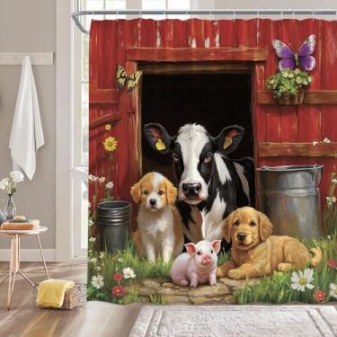 Imagem de JIRGIXA Cortina rústica de fazenda, retrô, vermelho, celeiro, animal, vaca leiteira, cachorros, porco, vintage, país ocidental, tecido natural, decoração de banheiro, cortina com ganchos, 187 cm L x