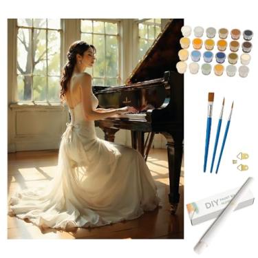 Imagem de Kit de pintura romântica por números para adultos – Vestido feminino DIY tocando piano em tela enrolada 40,6 x 50,8 cm, conjunto de tinta acrílica, adequado para iniciantes, arte para decoração de