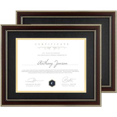 Imagem de FLYJOE Moldura para diploma de 28 x 35 cm, pacote com 21 x 28 cm, certificado de documento com tapete preto sobre ouro, moldura de graduação para exibição de parede e mesa, mogno (tiras douradas