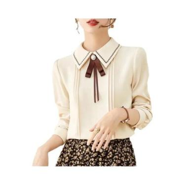Imagem de Blusa Casual Feminina De Manga Longa Com Gola Peter Pan Estilo Primave