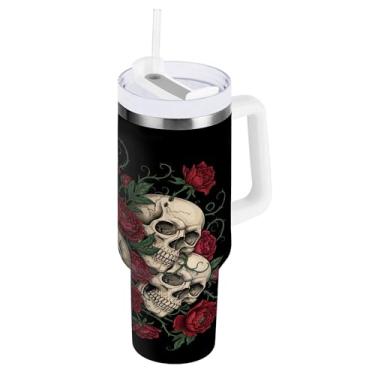 Imagem de SEHANY Copo de caveira e rosas de 850 g com alça, copo isolado de aço inoxidável a vácuo de parede dupla, caneca de café à prova de vazamento, copo isolado para viagem, cabe no suporte de copo de