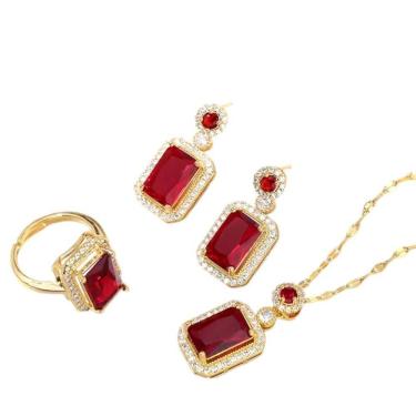 Imagem de Kit Feminino Cordão + Brinco + Anel Vermelho Banhado A Ouro