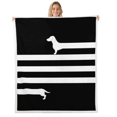 Imagem de Cobertor de lã Dachshund para sofá, sofá, preto e branco, cobertores super macios e quentes, estampa criativa abstrata de filhote de cachorro para todas as estações, aconchegante, pelúcia, leve, 222 x
