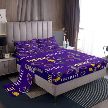 Imagem de jejeloiu Jogo de lençol solteiro de futebol americano de Minnesota, para decoração de quarto de meninos e meninas e adolescentes, lençol com elástico profundo de 40 cm, roxo, amarelo, macio, feminino