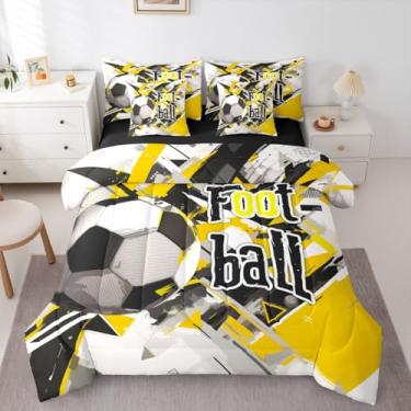 Imagem de Erosebridal Jogo de cama de futebol americano, 7 peças, solteiro, graffiti, com letras de futebol americano, entusiastas do esporte, cama em uma bolsa, moderno, estilo grafite, amarelo, para