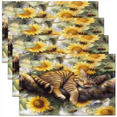 Imagem de Jogo americano fofo de gato adormecido, girassóis, plantas naturais, tapetes de mesa para crianças, adolescentes, adultos, abelha selvagem, gatinho, decoração de animais, tapetes de cozinha para mesa