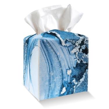 Imagem de Suporte de capa de caixa de lenços - Capa de caixa de lenços de couro PU mármore azul com cinto inferior, organizador de papel facial quadrado moderno para mesa, banheiro, cozinha, carro e escritório