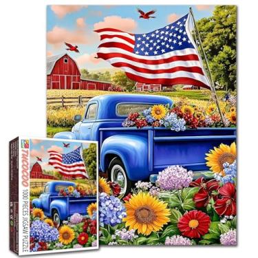 Imagem de Quebra-cabeça de 1000 peças para adultos 4 de julho quebra-cabeça fazenda celeiro caminhão flores jogo bandeira americana fazenda decoração de parede DIY artesanato quebra-cabeça país americano arte
