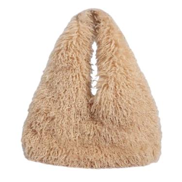 Imagem de Auhoho Bolsa Hobo Feminina Fofa de Pele Sintética Fuzzy Furry Mongolian Grande Bolsa Bolsa de Ombro, Café