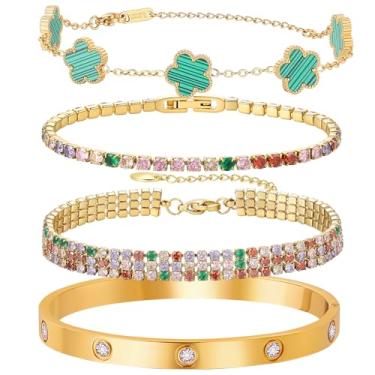 Imagem de Pulseira de amor banhada a ouro 18 K para mulheres, pulseira de 4 peças com concha sintética, corrente de trevo floral, corrente de tênis e pulseira de ouro de cristal, joia de presente com design de