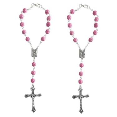 Imagem de Rosário de 2 peças para espelho retrovisor, pingente de pingente de espelho interno, decoração de pendurar cruz de medalha (design rosa)