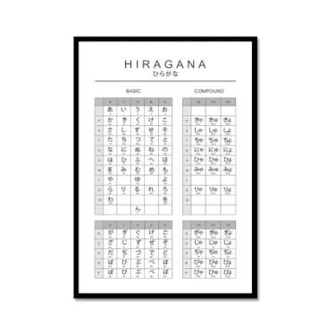 Imagem de Pôster do gráfico do alfabeto japonês Hiragana Katakana preto e branco pintura em tela educação aprender impressões escritório decoração sala de aula (SKU3,20.3x30.5 cm = (20x30cm), moldura de metal