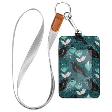 Imagem de Burbuja Porta-crachá de couro com cordão, etiqueta de identificação de flor de corvo com 1 janela transparente para identidade e 2 compartimentos para cartão para escritório, enfermeira, professor