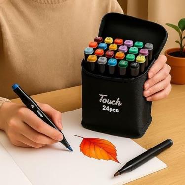 Imagem de Kit de 24 Canetas Marcador Permanente Ponta Dupla Touch Coloridas para Desenho Profissional Escolar Infantil com Estojo Organizador Base Artista Canetinhas Hidrográficas Caneta para Colorir