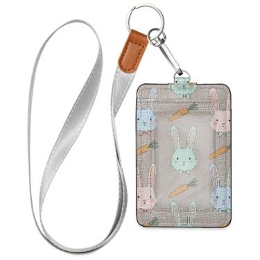 Imagem de Burbuja Porta-crachá de couro com cordão, etiqueta de identificação de cenoura coelhinha com 1 janela transparente para identidade e 2 compartimentos para cartão para escritório, enfermeira, professor