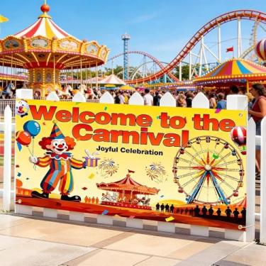 Imagem de Grande faixa de carnaval, decorações de circo de 180 x 90 cm, com padrão de palhaço, carrossel e roda gigante, adequada para celebrações divertidas, festas e todos os tipos de eventos. Resistente a