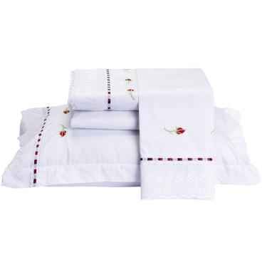 Imagem de Jogo de Lençol Yasmin Queen 4 Peças Percal 200 Fios 100% Algodão Bordado Floral - Branco
